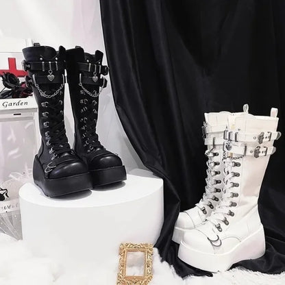 Motorcycle Boots Platform Boots For Women Wedges Knee High Black Lace Up Fashion Goth Gothic Boots Punk Shoes Girls Winter 2023