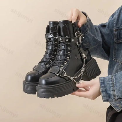 Platform Thick Gothic Boots Lady Buckle Autumn Shoes Women Wedges Ankle Boots Punk Street Cosplay Botas Motorcycle Chain Booties