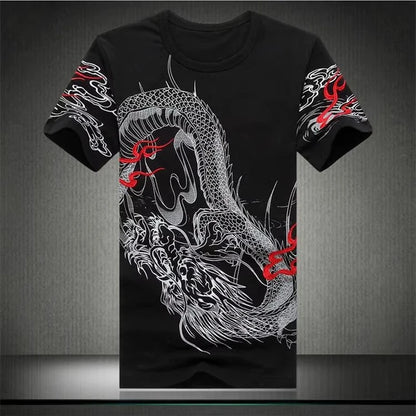 Embroidery Dragon Pattern T Shirt For Men Short Sleeve Slim Fit Summer Top Quality Cotton Casual Luxury Tees Camisetas De Hombre