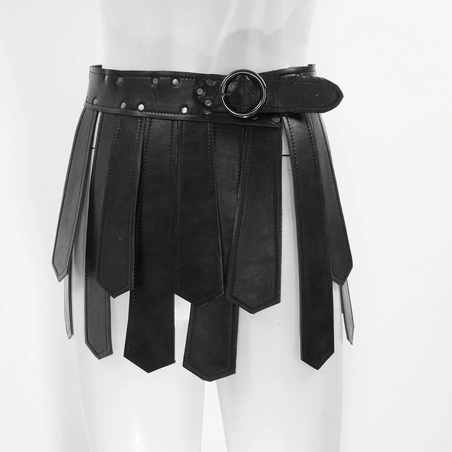 Mens Roman Patent Leather Skirts Medieval Warrior Adjustable Rivets Tassel Waist Belt with Buckle Gladiator Kilt Cosplay Bottoms