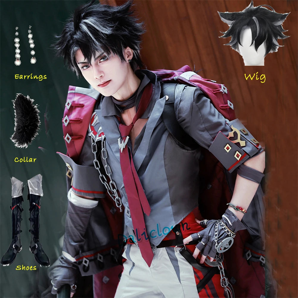 Game GenshinImpact Wriothesley Cosplay Costume Fontaine Wriothesley Wig Shoes Steampunk Clothes Anime Punk Uniform Suit Outfit