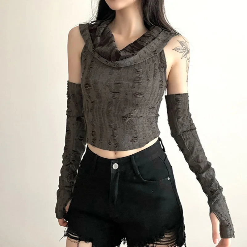 Xingqing Wasteland Crop Tops y2k Women Clothes Solid Color Sleeveless Ripped T Shirts with Arm Sleeves Goth Clothing Streetwear