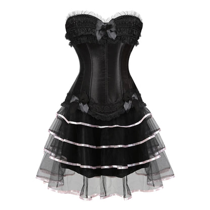 Gothic Corset Tutu Skirt Set Sexy Satin Lace Trim Overbust Corselet Top Women Burlesque Lingerie Bustier Victorian Party Costume