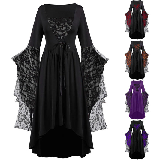 Plus Size Vintage Halloween Medieval Witch Dress for Women Cold Shoulder Butterfly Sleeve Gothic Dresses Carnival Dress Up Party