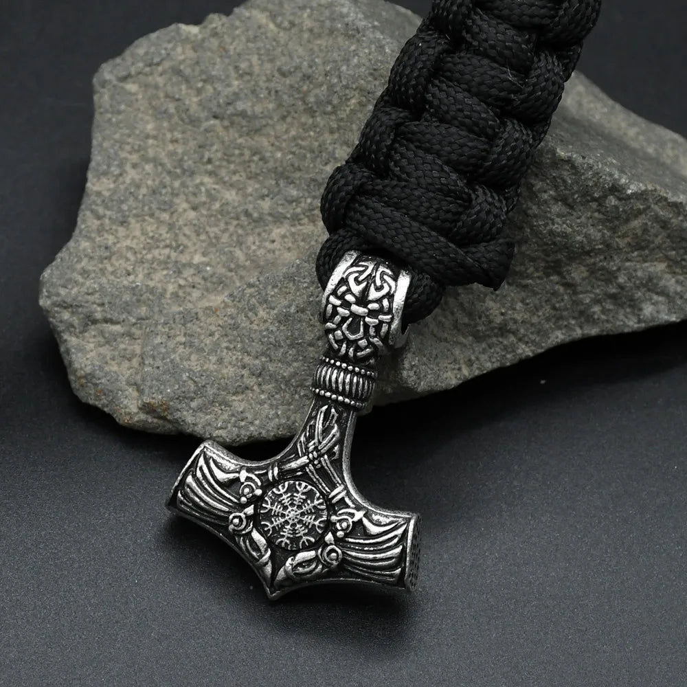 1Pcs Thor Hammer Mjolnir Valknut Trinity Compass Amulet Jewelry Viking Runes Beads Handmade Paracord Keychain For Men Women