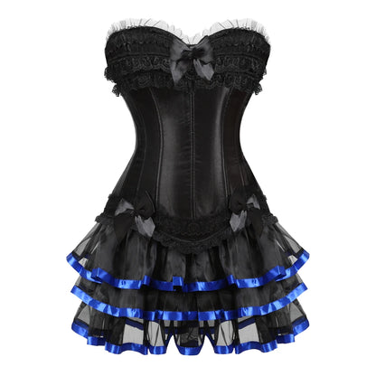 Gothic Corset Tutu Skirt Set Sexy Satin Lace Trim Overbust Corselet Top Women Burlesque Lingerie Bustier Victorian Party Costume