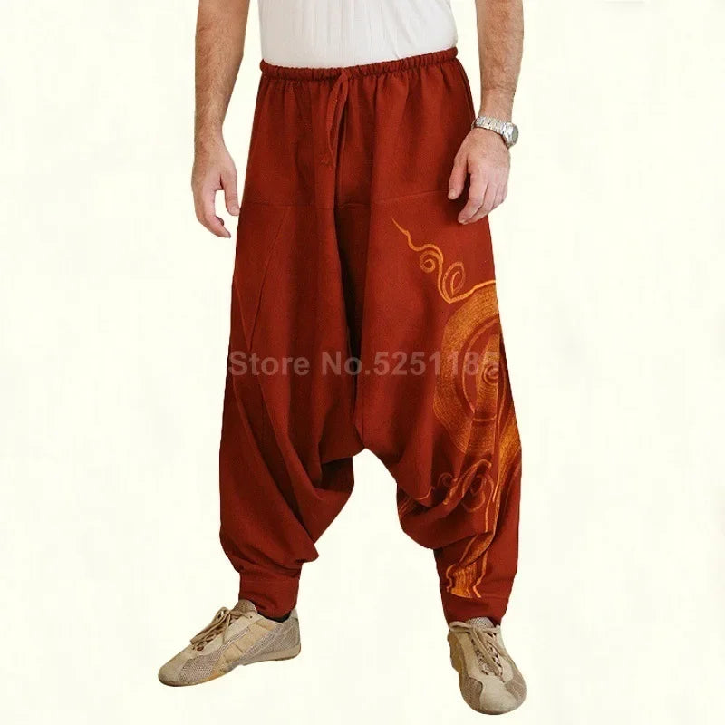 Men Chinese Style Print Bloom Harem Pants Japanese Loose Wide Leg Trousers African Indian Bottoms Pirate Viking Medieval Costume