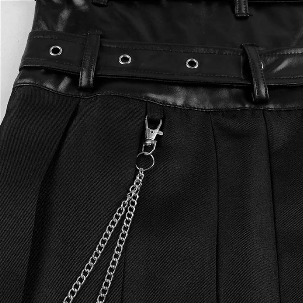 Cosplay Punk Pleated Skirt Men's Gothic Leather Belt Medieval Roman Warrior Kilt Metal Chian Asymmetry Black Halloween Costume