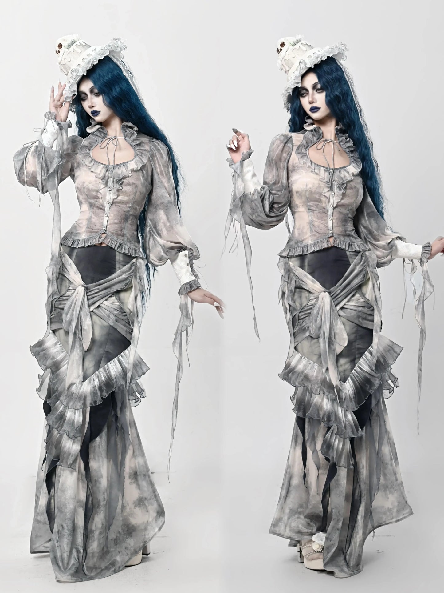 Halloween Goth Tie-dye European Do Old Chiffon Shirt Top Slim Retro Fish Tail Sexy Long Skirt New Autumn Women's Cool Skirt Suit