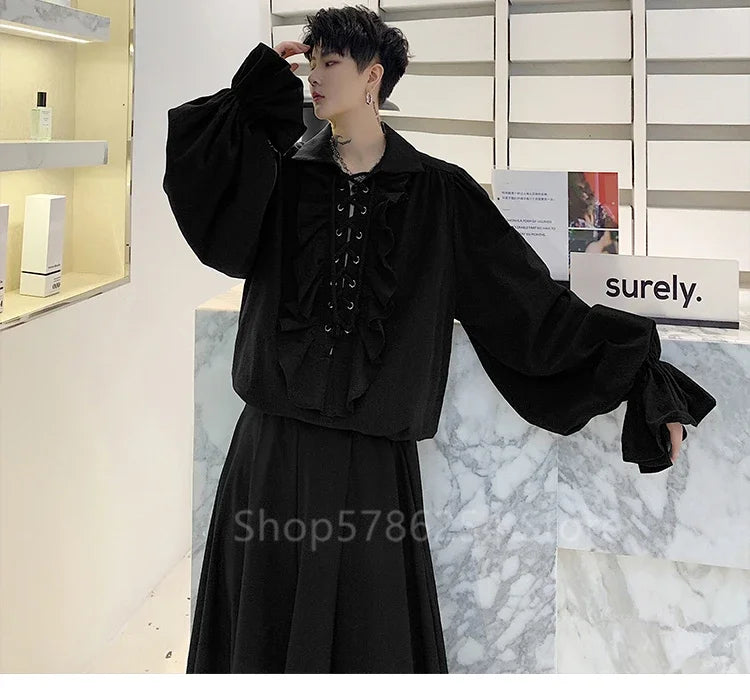 Medieval Men Tunic Viking Pirate Costume Gothic Shirts Grooms Vintage Top Ruffle Sleeve Neckline Drawstring Knight Cosplay Fancy