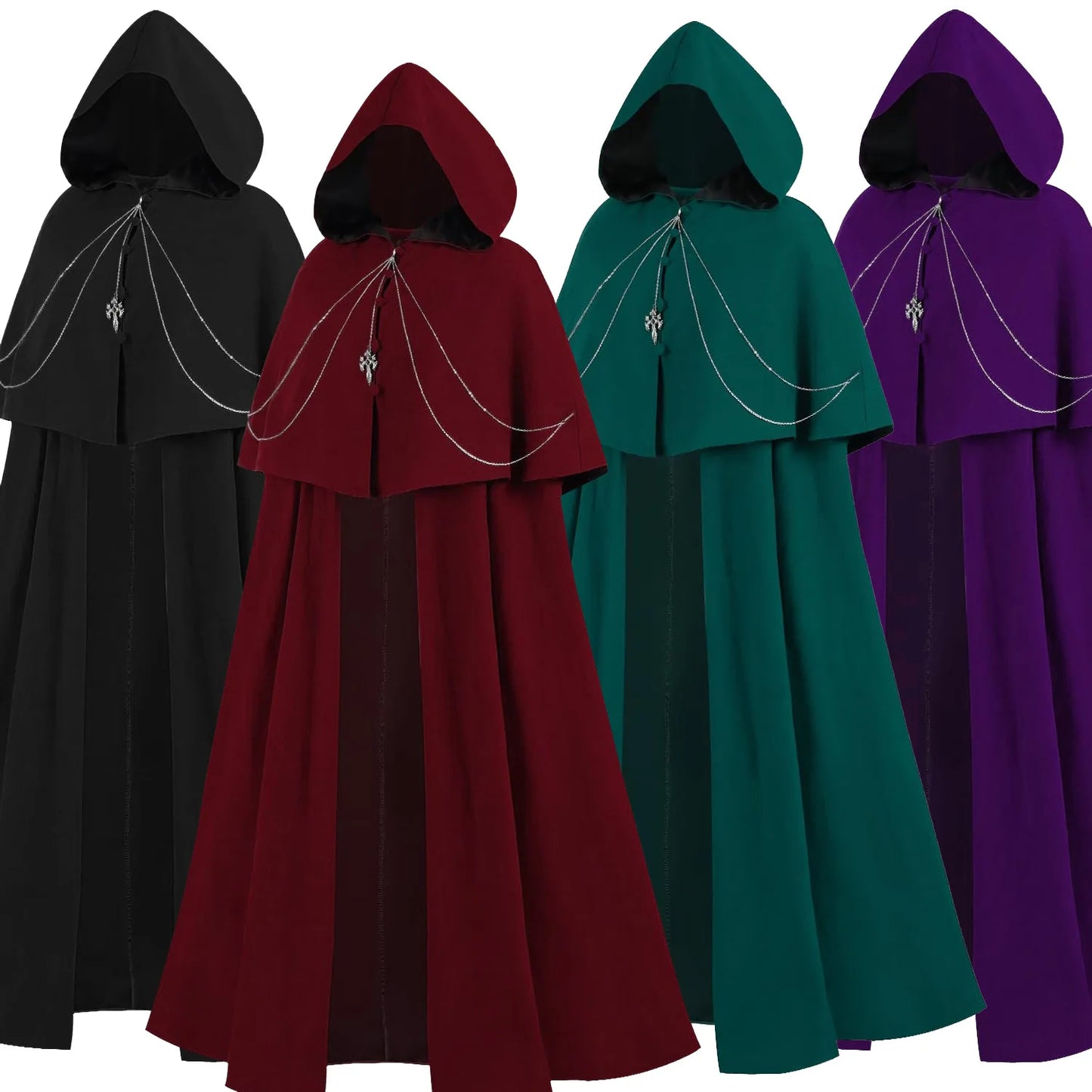 Women's Halloween Cosplay Costume Steampunk Red Purple Green Cape Metal Chain Medieval Knight Black Cloak Victorian Royal Coat