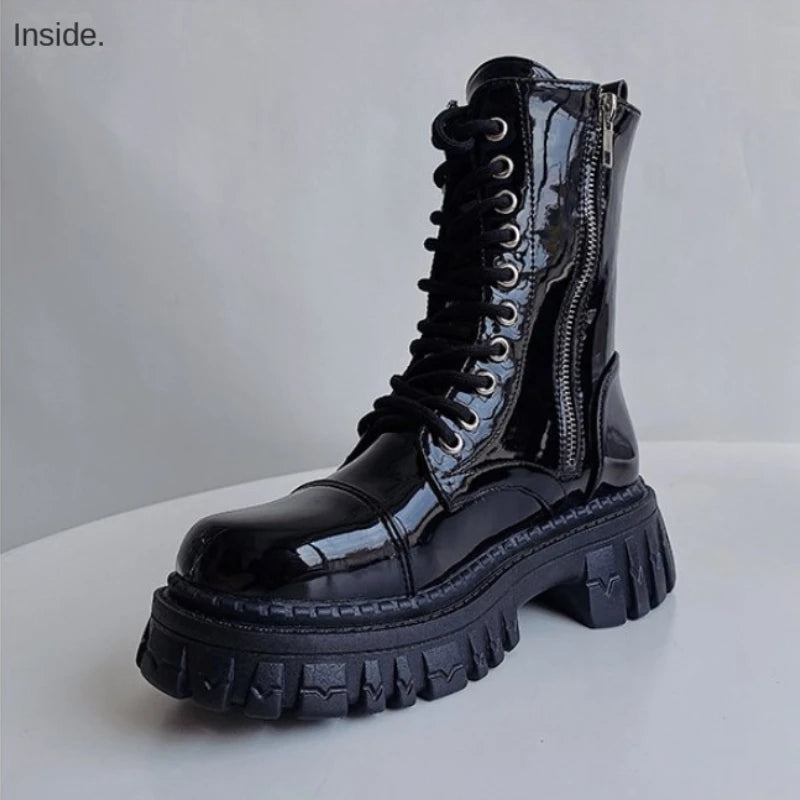 New 2024 Cool Punk Women Motorcycle Boots Lace Up Chunky Platform Goth Shoes Casual Brand Combat Street Shoes Zapatos De Muje