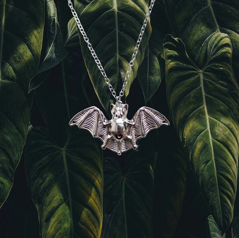 Hanging Bat with Open Wings Pendant Vampire Bat Pendant Necklace Chic Goth Gothic Spooky Creepy Scary  Cave Animal Necklace