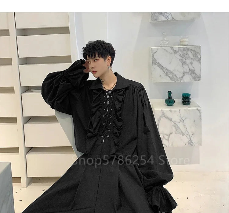 Medieval Men Tunic Viking Pirate Costume Gothic Shirts Grooms Vintage Top Ruffle Sleeve Neckline Drawstring Knight Cosplay Fancy