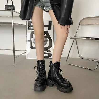 Platform Thick Gothic Boots Lady Buckle Autumn Shoes Women Wedges Ankle Boots Punk Street Cosplay Botas Motorcycle Chain Booties