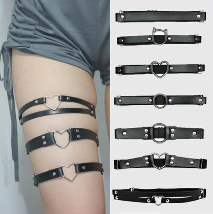 Newest Women Sexy Elasticity Harness Heart Fashion Bondage Goth Decor Garter Belt Thigh Harness Leather Lingerie for Stockings