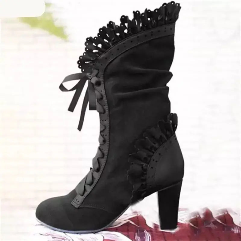 Winter Lace Up Ladies High Heel Shoes Motocycle Boot Victorian Boots Women Fashion Pointed Toe Thick Soled Short Boot 2024