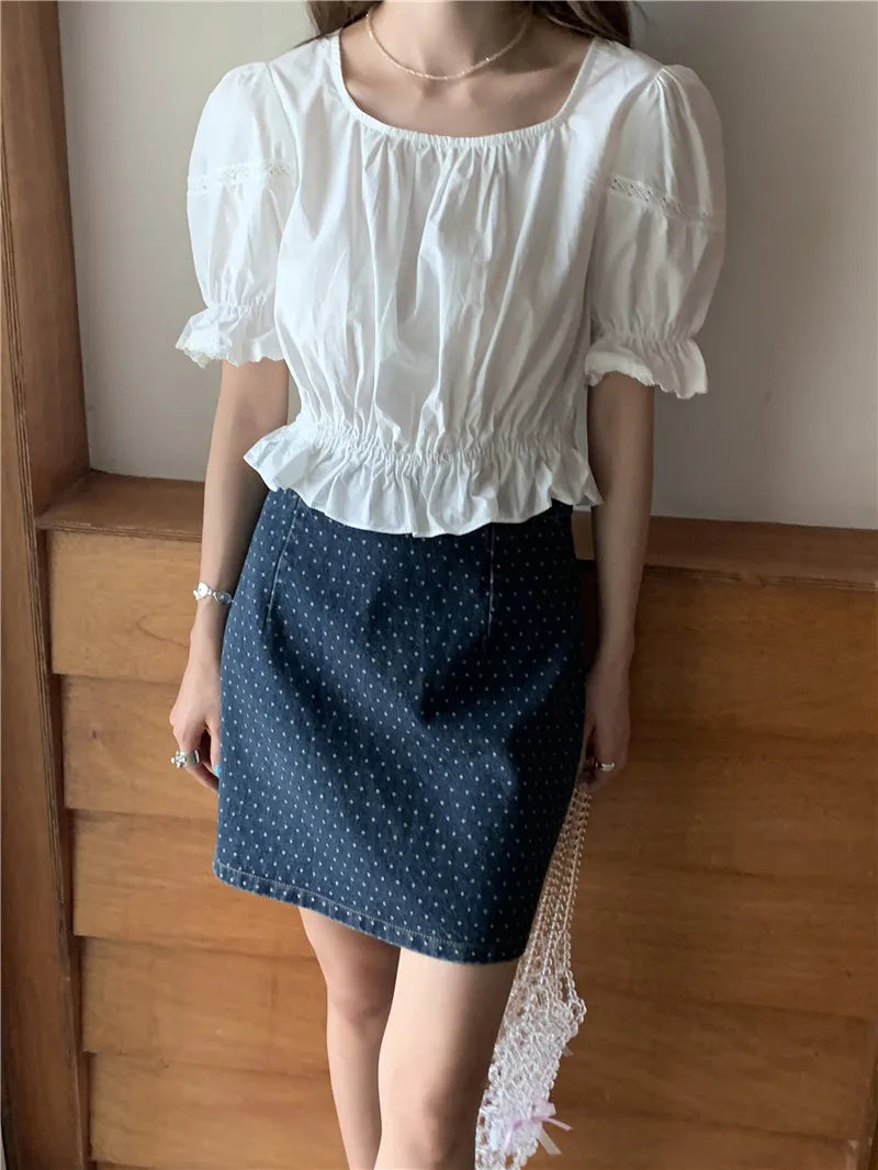 Lantern Sleeve White Ruffles Slash Neck Short Sweet Lolita Shirt Women Victorian Gothic Ladies Top Steampunk Vintage Clothes