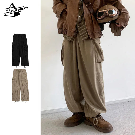 Oversize Cargo Pants Men Women Japanese Wide-leg Corduroy Trousers Harajuku Vintage Baggy Drawstring Pants Autumn Casual Unisex