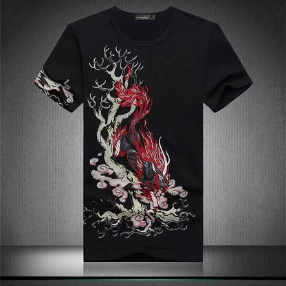 Embroidery Dragon Pattern T Shirt For Men Short Sleeve Slim Fit Summer Top Quality Cotton Casual Luxury Tees Camisetas De Hombre