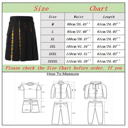 Men'S Fashion Scottish Retro Kilt Cosplay Pleated Casual Scottish Style Plaid Contrast Highland Pocket Traditional Utility Skirt