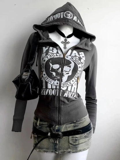 Winter Women's Clothes Hoodies Goth Letter Graphic Punk High Street 2000s Hot Girl Slim Short Sleeve Hooded Zip-up Y2K Hoody Top