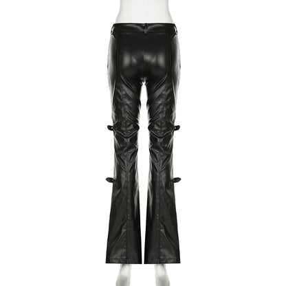 SUCHCUTE PU Leather Flare Pant Goth Buckle Lace Patchwork Pants Women Fashion Y2K Streetwear Vintage Aesthetics Casual Trouesrs