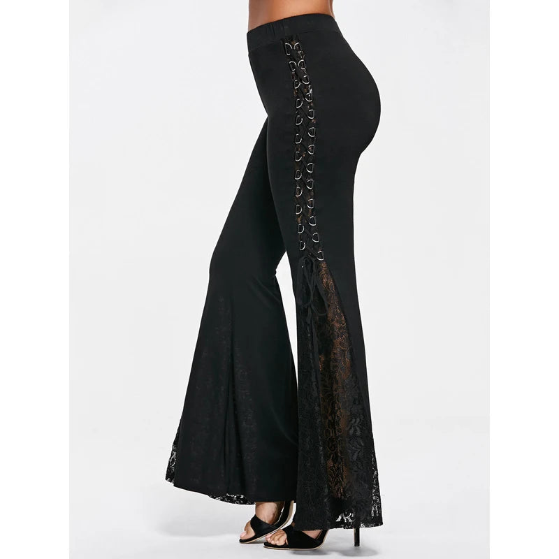 Gothic Black Lace Panel Flare Pants With Lace-Up Women High Waist Overlength Skinny Leggings Pleated Pull On Trousers