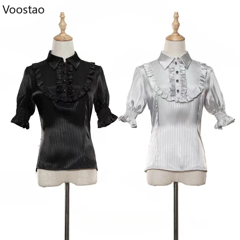 Victorian Gothic Lolita Blouses Women Japanese Y2k Chic Ruffle Striped Tops Vintage Elegant Office Lady Sweet Puff Sleeve Shirts