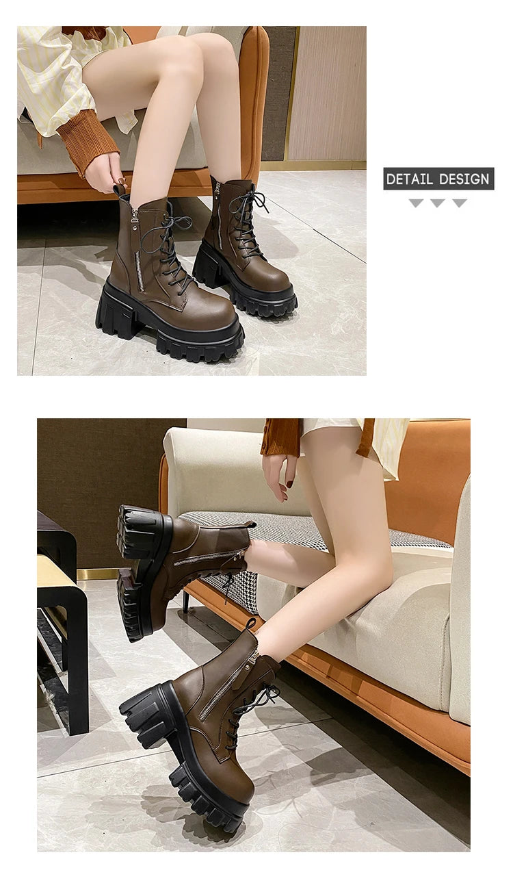 Women High Platform Ankle Boots 2023 Winter Thick Sole Motorcycle Boots 9.5CM Heels Chunky Metal Short Leather Sneakers Woman