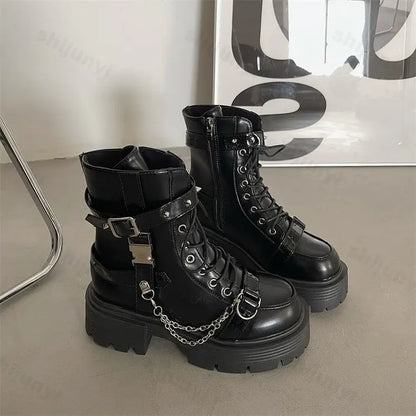 Platform Thick Gothic Boots Lady Buckle Autumn Shoes Women Wedges Ankle Boots Punk Street Cosplay Botas Motorcycle Chain Booties