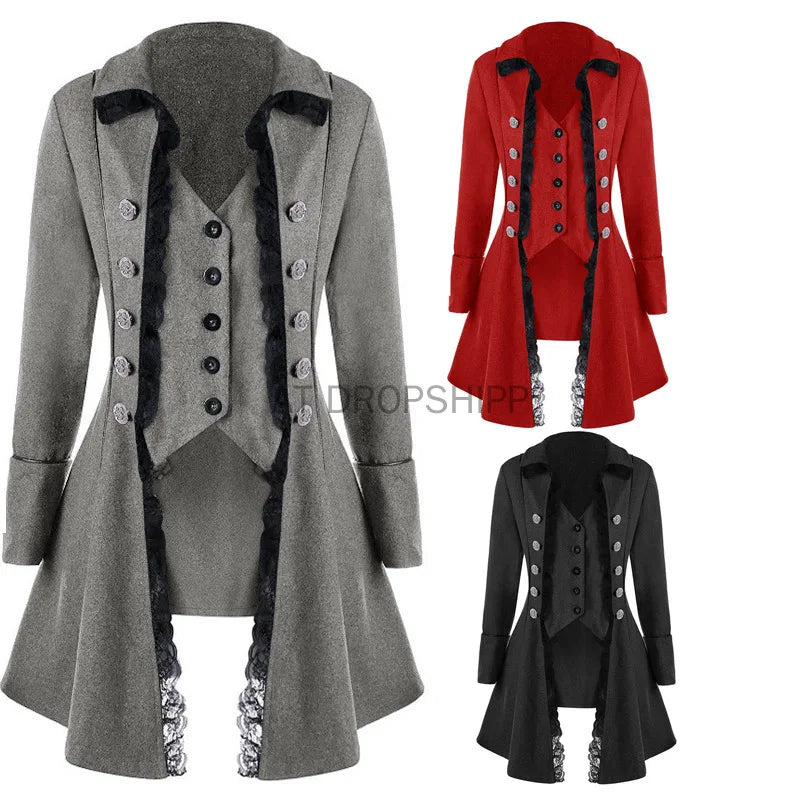 Medieval Retro Red Tuxedo Tailcoat Women Jacket Coats Swallowtail Dust Cosplay Steam Punk Costume Palace Dress Europe Uniform