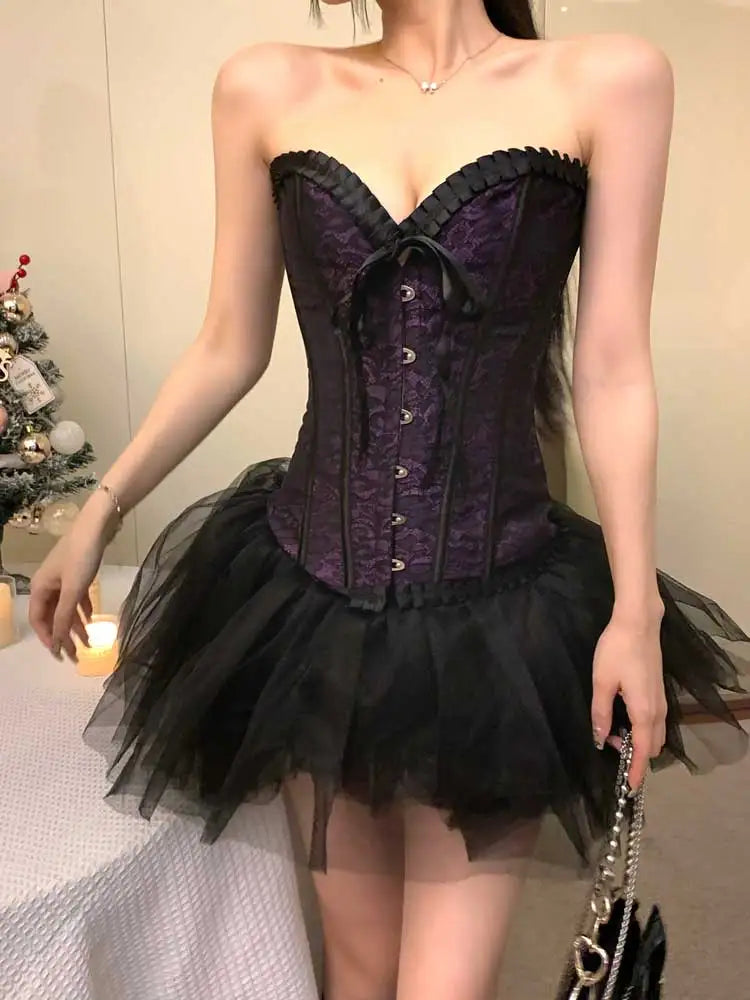 ReddaChic Overbust Corset Tulle Tutu Women 2-piece Set Hooks & Eyes Boned Lace-up Textured Tube Top Puffy Miniskirt Goth Outfits