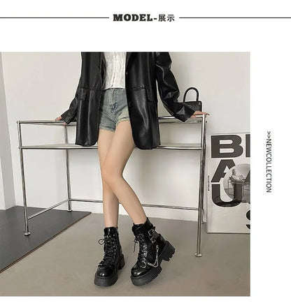 Platform Thick Gothic Boots Lady Buckle Autumn Shoes Women Wedges Ankle Boots Punk Street Cosplay Botas Motorcycle Chain Booties