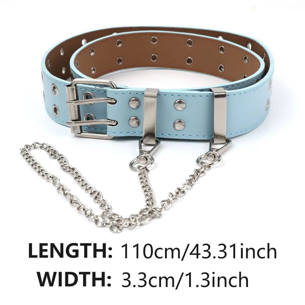 Punk Unisex Jeans Belt PU Leather Waist Buckle For Women Men Kpop Goth Chain Belt Black Free Size Grommet Belts For Pants