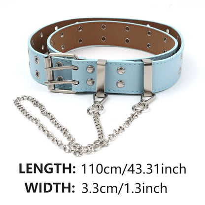 Punk Unisex Jeans Belt PU Leather Waist Buckle For Women Men Kpop Goth Chain Belt Black Free Size Grommet Belts For Pants