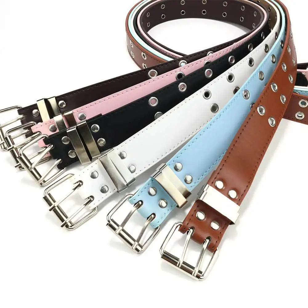 Punk Unisex Jeans Belt PU Leather Waist Buckle For Women Men Kpop Goth Chain Belt Black Free Size Grommet Belts For Pants