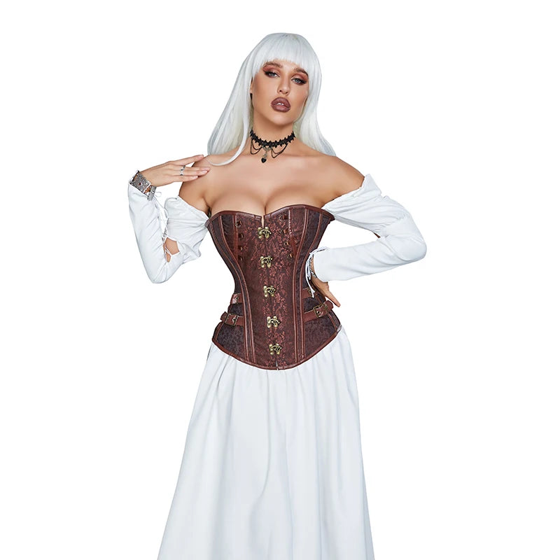 Waist Trainer Brocade Steampunk Jacquard Faux Leather Studded Overbust Brown Corset Bustier S-6XL