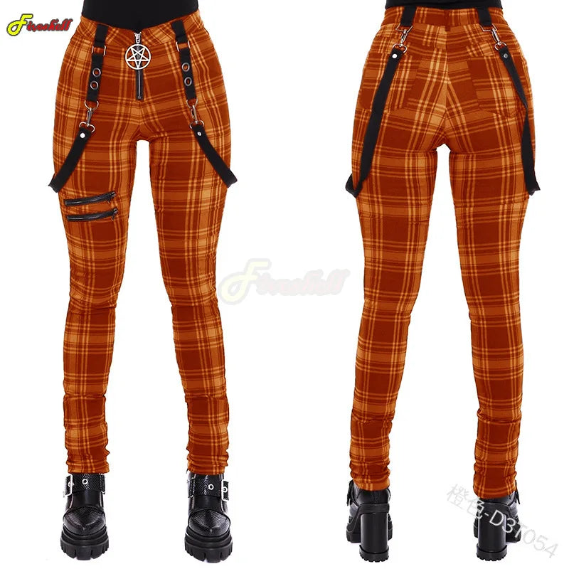 Women Cosplay Plaid Pants High Waist Gothic Punk Pant Medieval Streetwear Costumes Woman Zipper Y2k Long Bottoms Pants Trousers