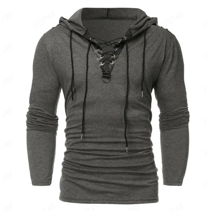 Retro Medieval Pirate Viking Cosplay Shirt Vintage Casual Male Hooded Knight Linen Renaissance Nordic Tunic Bandage T-Shirt