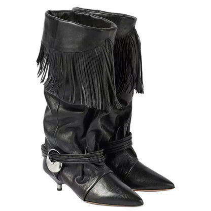 New Medieval Retro Tassel winding tape Low Heeled Mid-calf Boots  Autumn and Winter Pleated Lazy Fashionable Women's Boots 35-43