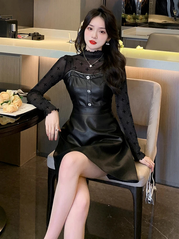 2022 Winter Vintage Gothic 2 Piece Sets Women Mesh Long Sleeve Floral Top + Leather Strap Dress Lady High Street Y2k Dress Sets