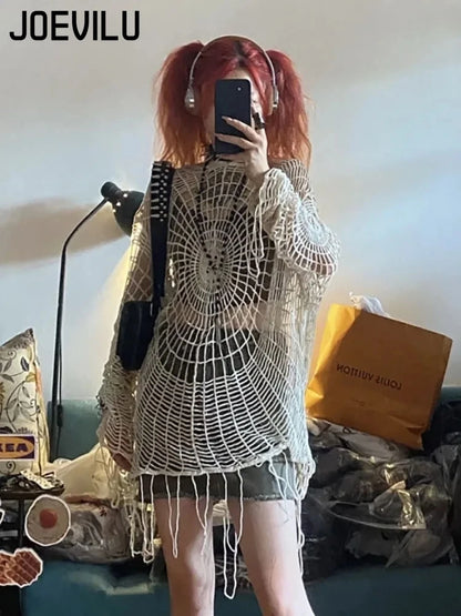 JOEVILU Hollow Knit Hooded Tops Women's Goth Spider Web Sweaters Female Korean Fashion Fishing Net Blouses Babes Mesh Pullovers