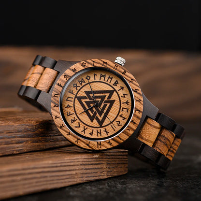 BOBO BIRD Viking Wooden Men Watch with Helm of Awe Unique Runic Circle Vegvisir Valknut Custom Wristwatch Norse Symbol Watches