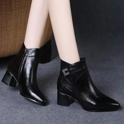 Pointed Toe Snow Ankle Boots for Women Crystal Mid Heels Shoes Retro Leather Chunky Boots Winter 2024 Trend Goth Zapatos Lady