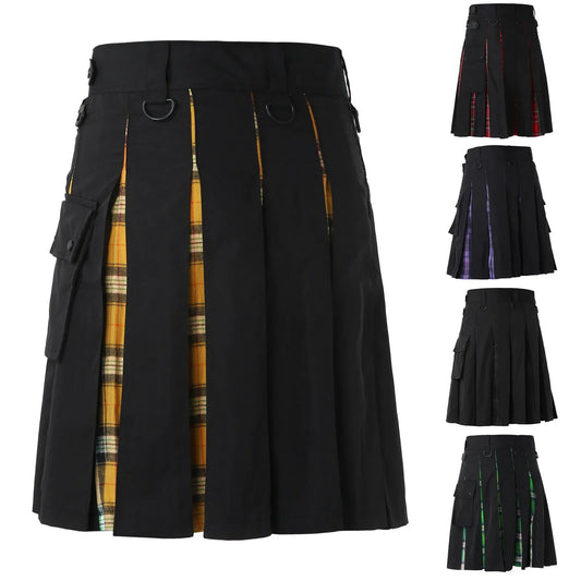 Men'S Fashion Scottish Retro Kilt Cosplay Pleated Casual Scottish Style Plaid Contrast Highland Pocket Traditional Utility Skirt