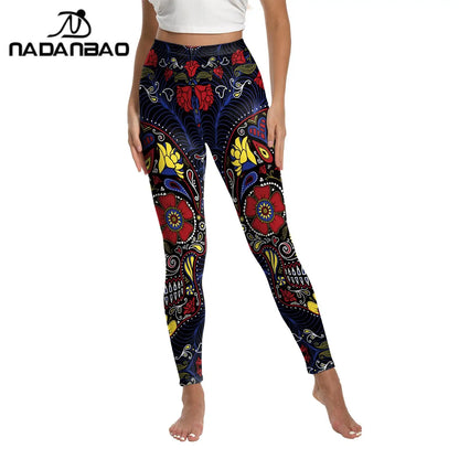 Nadanbao Women's Leggings Gothic Style Skull Totem Print 3D Printed High Waisted Casual Elastic Leggings Yoga Sports Trousers