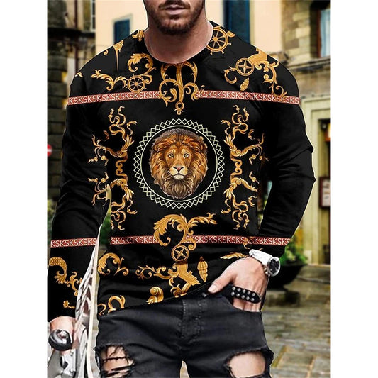 Men's Luxury Pattern Long Sleeve T Shirt Retro Cool Dragon Tiger Animal 3D Printed Round Neck T Shirts Harajuku Streetwear Tees