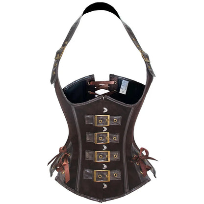 Brown Steampunk Corset Top Halter PU Leather Gothic Bustiers Mujer Lace-Up Slim Waist Body Shapewear Women Slimming Belt корсет