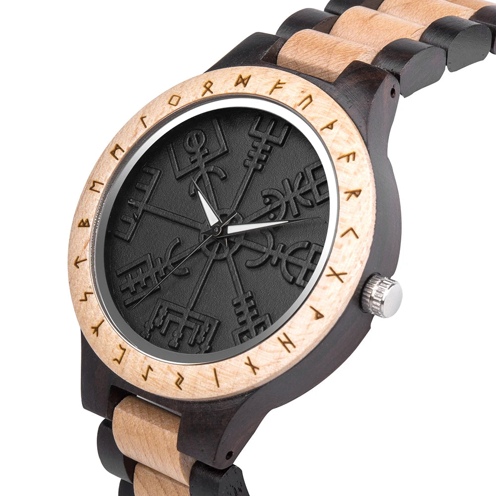 BOBO BIRD Viking Wooden Men Watch with Helm of Awe Unique Runic Circle Vegvisir Valknut Custom Wristwatch Norse Symbol Watches